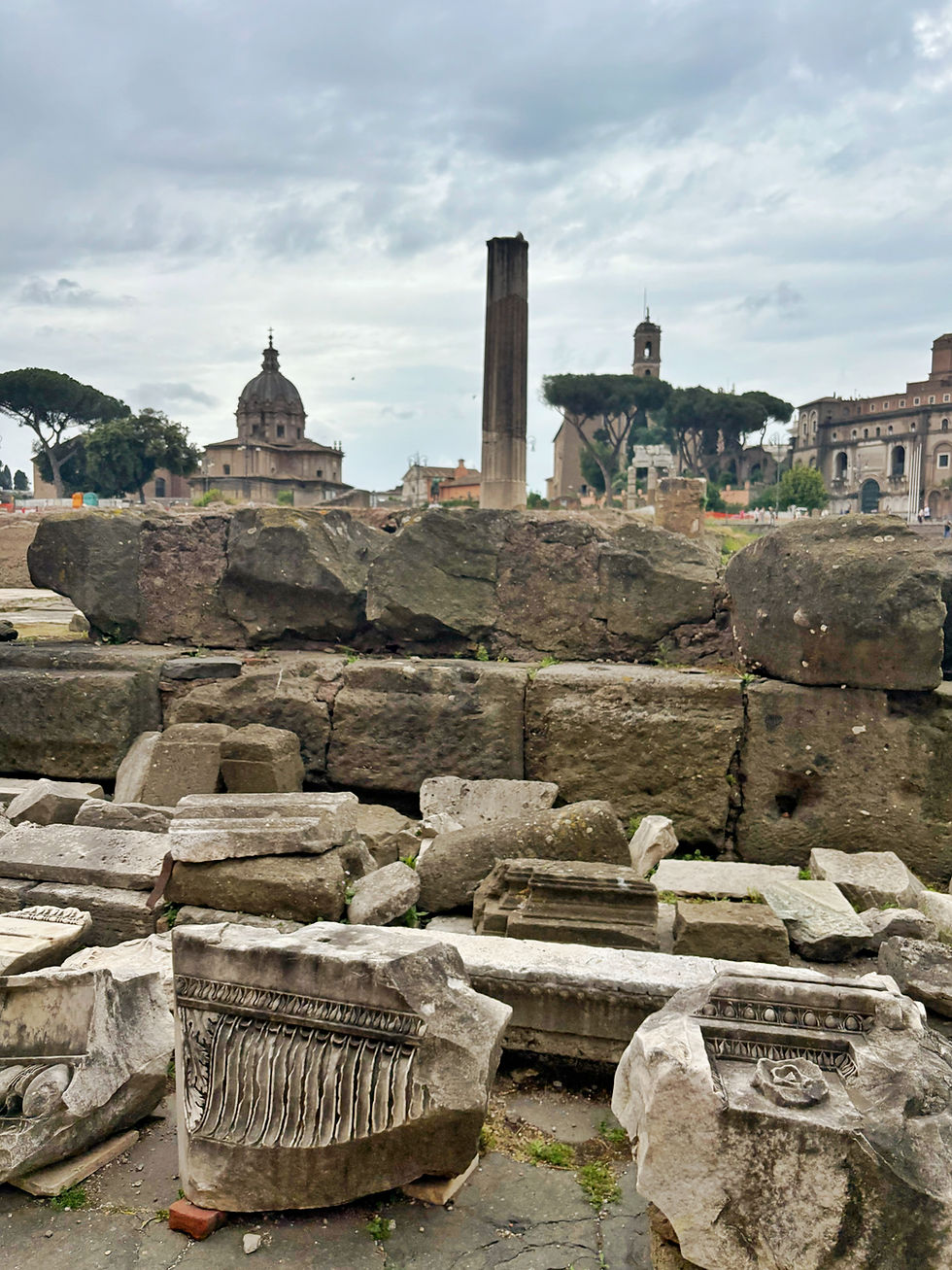 In the foreground, pieces of carved Roman columns can be seen, piled on the ground in front of larger stone remnants of a building's wall. In the background, various old buildings can be seen in the Roman skyline.