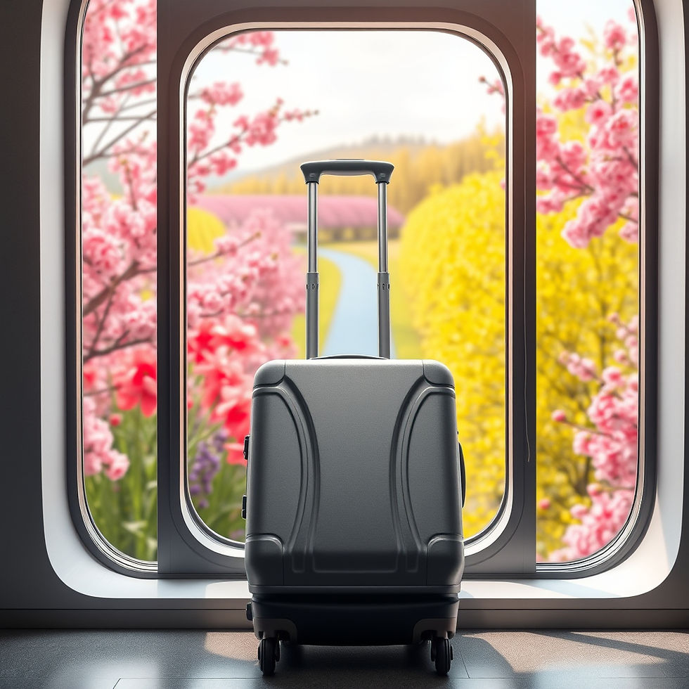 A suitcase stands by a large window with blossoming pink and yellow flowers outside. Bright, serene travel scene.