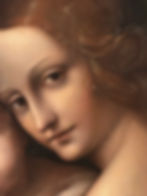 A close-up painting of a woman's face. Cracks are visible in the paint, particularly along her forehead and nose.