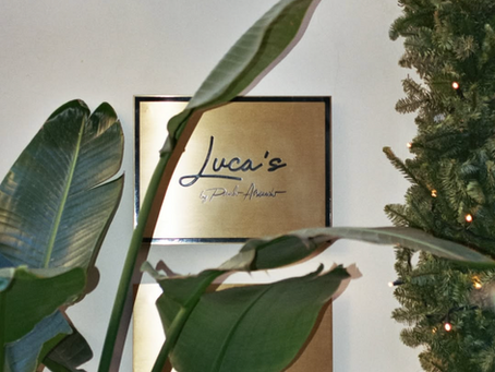 Potted plants in front of a gold sign reading "Luca's by Paul Armani". A wall lamp and tree with lights are visible.