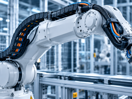 High-flex cables installed in a cable carrier system on an industrial robotic arm designed for repeated bending and continuous motion applications.