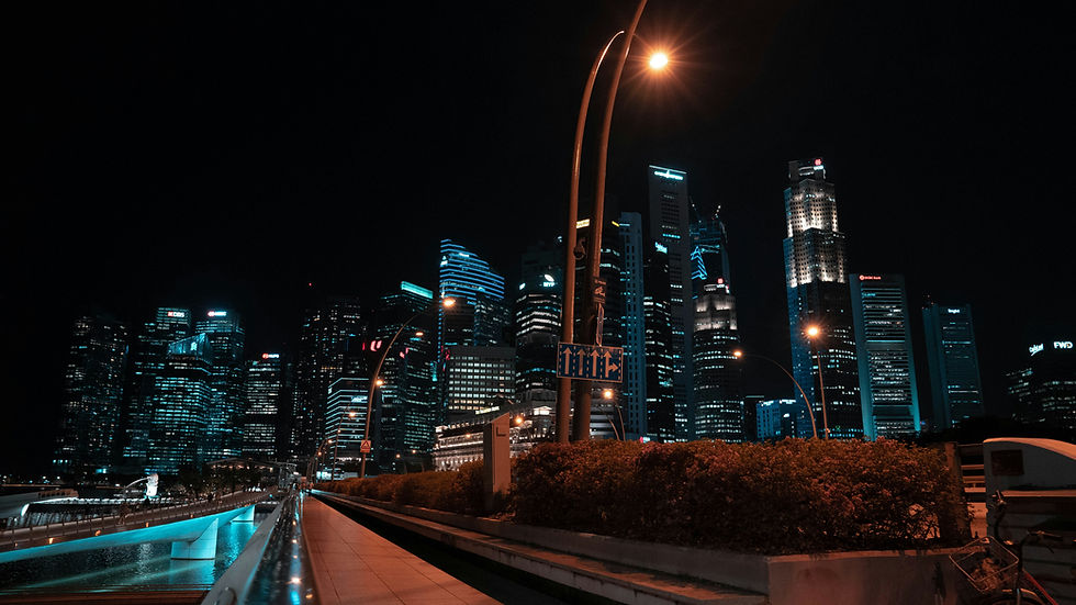 Night cityscape of illuminated skyscrapers with blue accents, a modern bridge, and street lamps. Calm, urban ambiance.