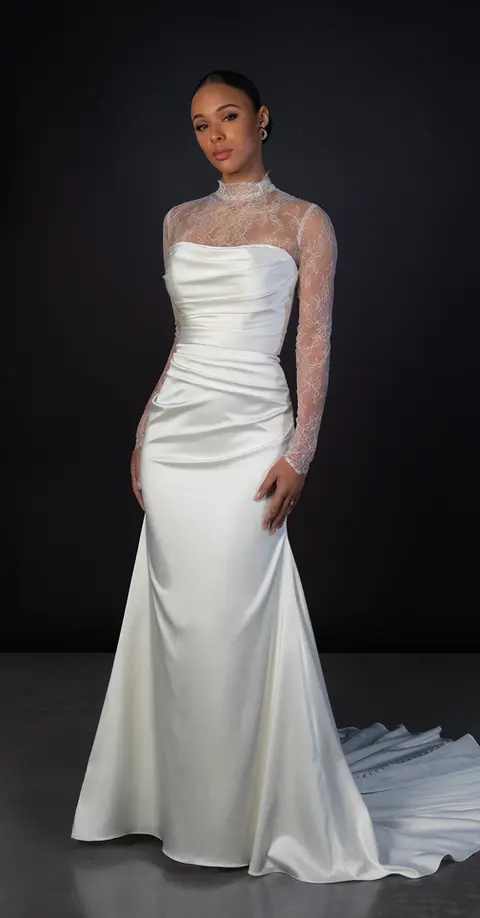 Modern Romantic Charmeuse Column Wedding Dress with Detachable Lace Sleeves and Train