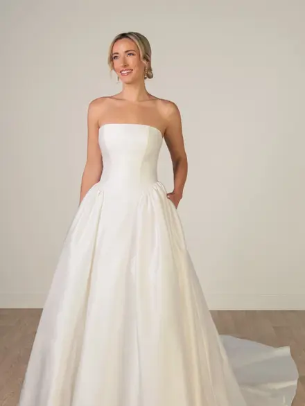 Strapless Mikado A-Line Wedding Gown with Architectural Seaming and Pockets