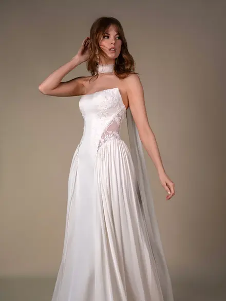 romin by All Who Wander Strapless Crepe and Lace Wedding Dress with Sparkly Side Cutouts