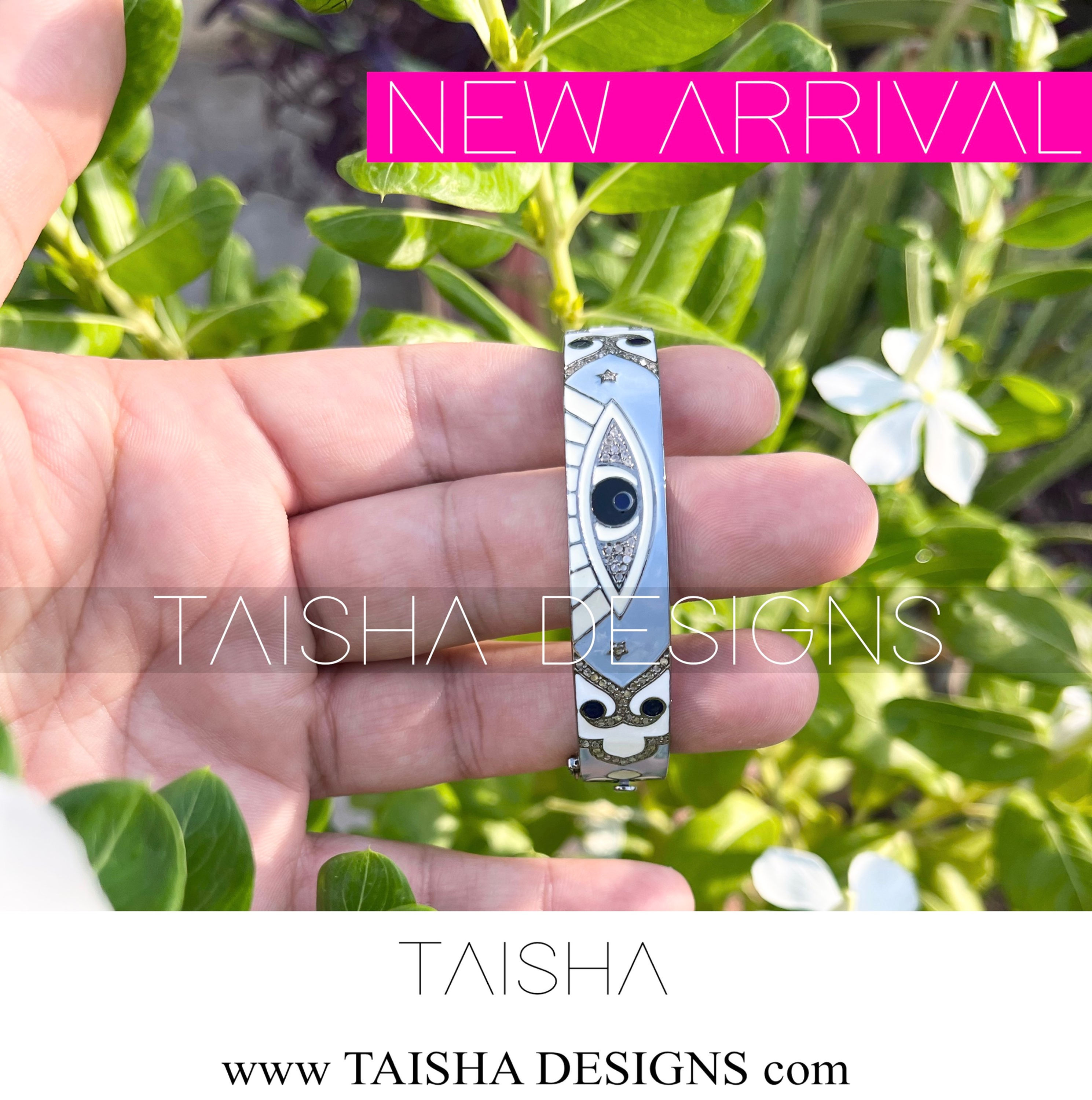 Silver Diamond Enamel Eye Bangle Bracelet 