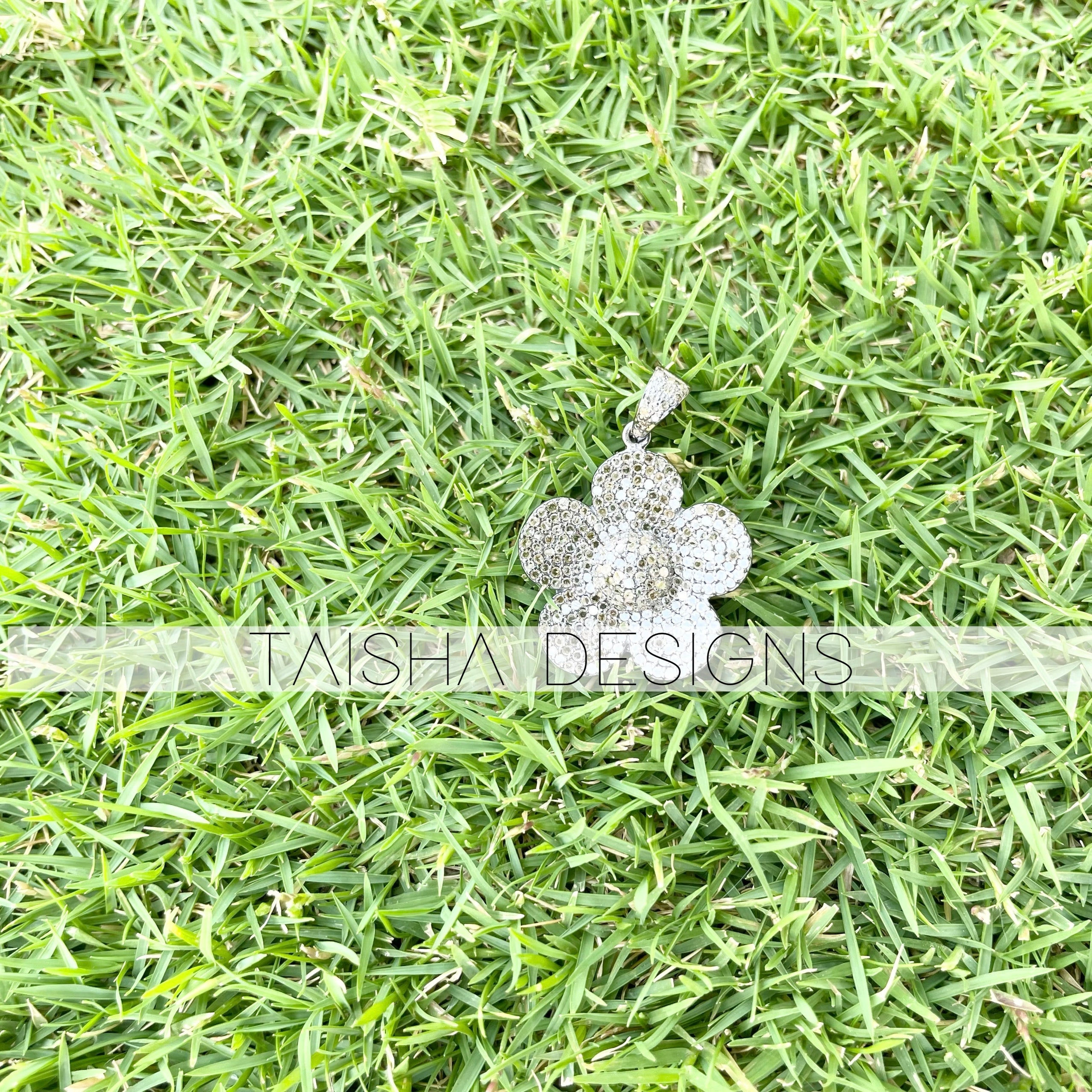 SILVER PAVE FULL DIAMOND FLOWER PENDENT 24MM