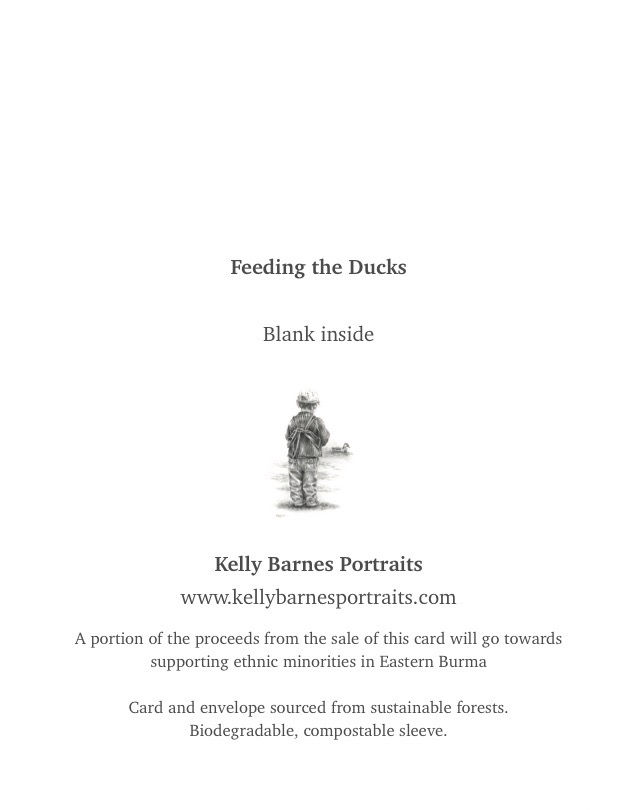 Thumbnail: Reverse image of a pencil drawing of a little boy feeding the ducks on a greeting card.