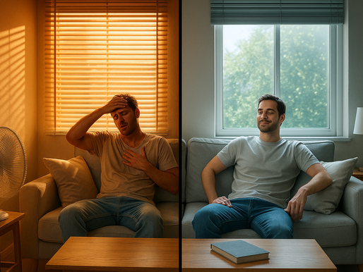 Wohnzimmer mit großen Glasfronten und Sonnenschutzfolie – draußen extreme Sonne, innen sofort angenehmes, kühles Raumklima.