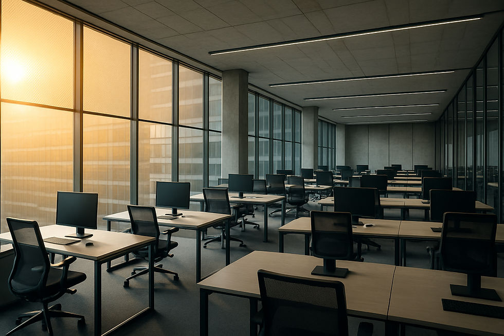 Modernes Büro mit Glasfassade und Sonnenschutzfolie – angenehmes Raumklima trotz starker Sonneneinstrahlung, energieeffiziente Arbeitsumgebung.