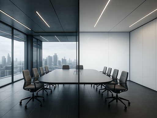 Glastrennwand mit Smart Switch Folie – auf Knopfdruck von transparent zu blickdicht, modernes Büro- oder Wohnambiente.