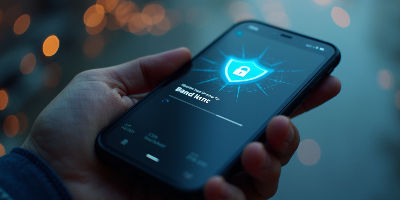 High angle view of smartphone with antivirus software running