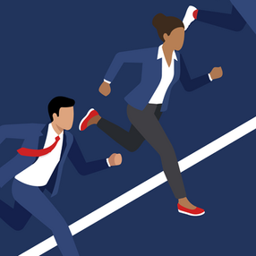 Vector image of people running across a line, colours in blue, white and red.