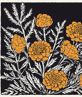 linocut printmaking styled juniper branches and marigold flowers  in black and white.jpg