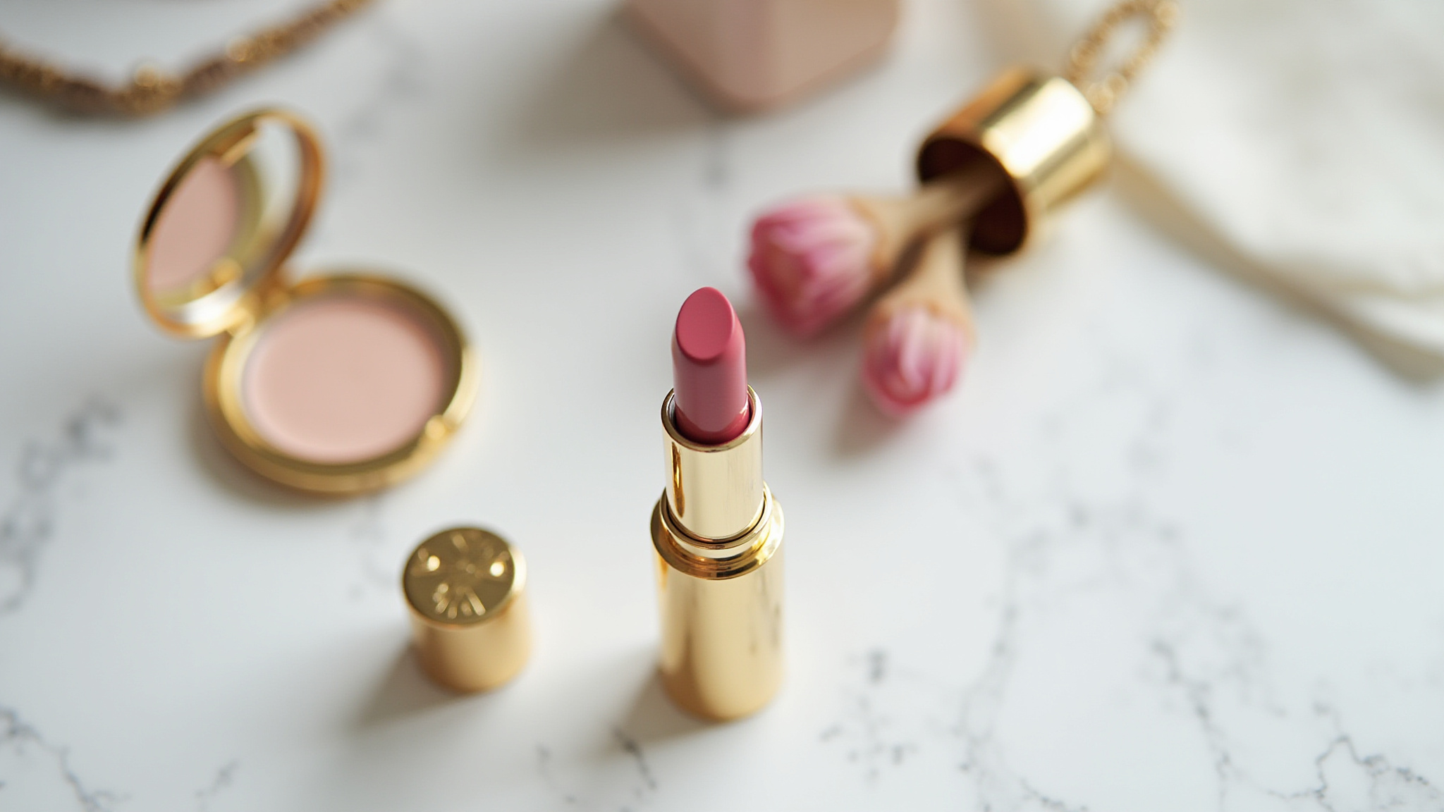 Pink lipstick in gold tube, open compact powder, and flowers on marble.