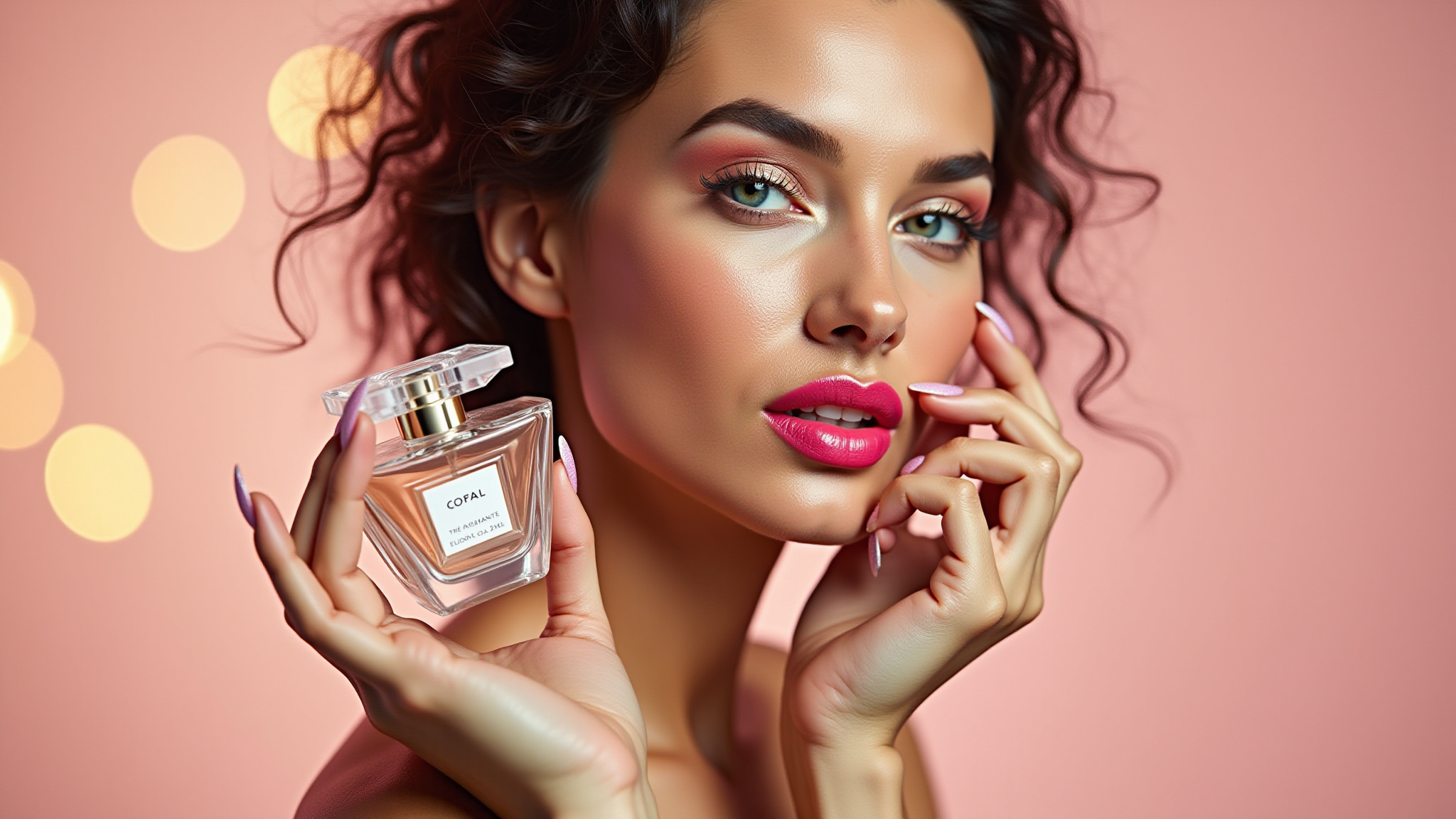 Elegant woman with bold makeup holds perfume bottle, pink bokeh background.