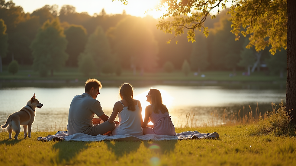 Wide angle view of a family enjoying a lakeside picnic with their dog