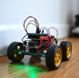 basic car controlled with microcontroller with a sensor infront of it so it doesn't crash 