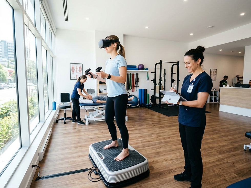 Wide-angle shot of a physiotherapy practice, patient wearing a VR headset while standing on a balance platform, physiotherapist standing nearby observing and noting results on a tablet, modern clinic with white walls and natural light, professional healthcare photography style, no text, no logo