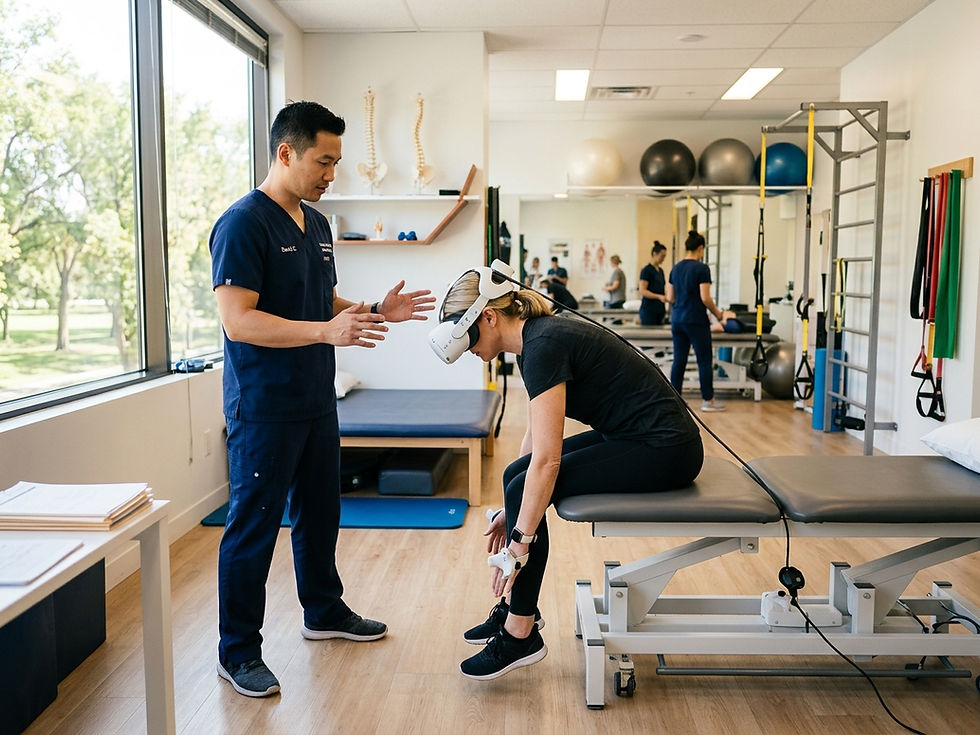 Patient portant un casque de réalité virtuelle lors d'un exercice de flexion lombaire supervisé par un kinésithérapeute en cabinet