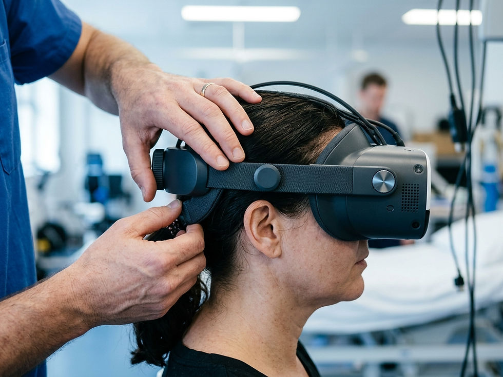 Gros plan sur les mains d'un kinésithérapeute réglant un casque de réalité virtuelle médical