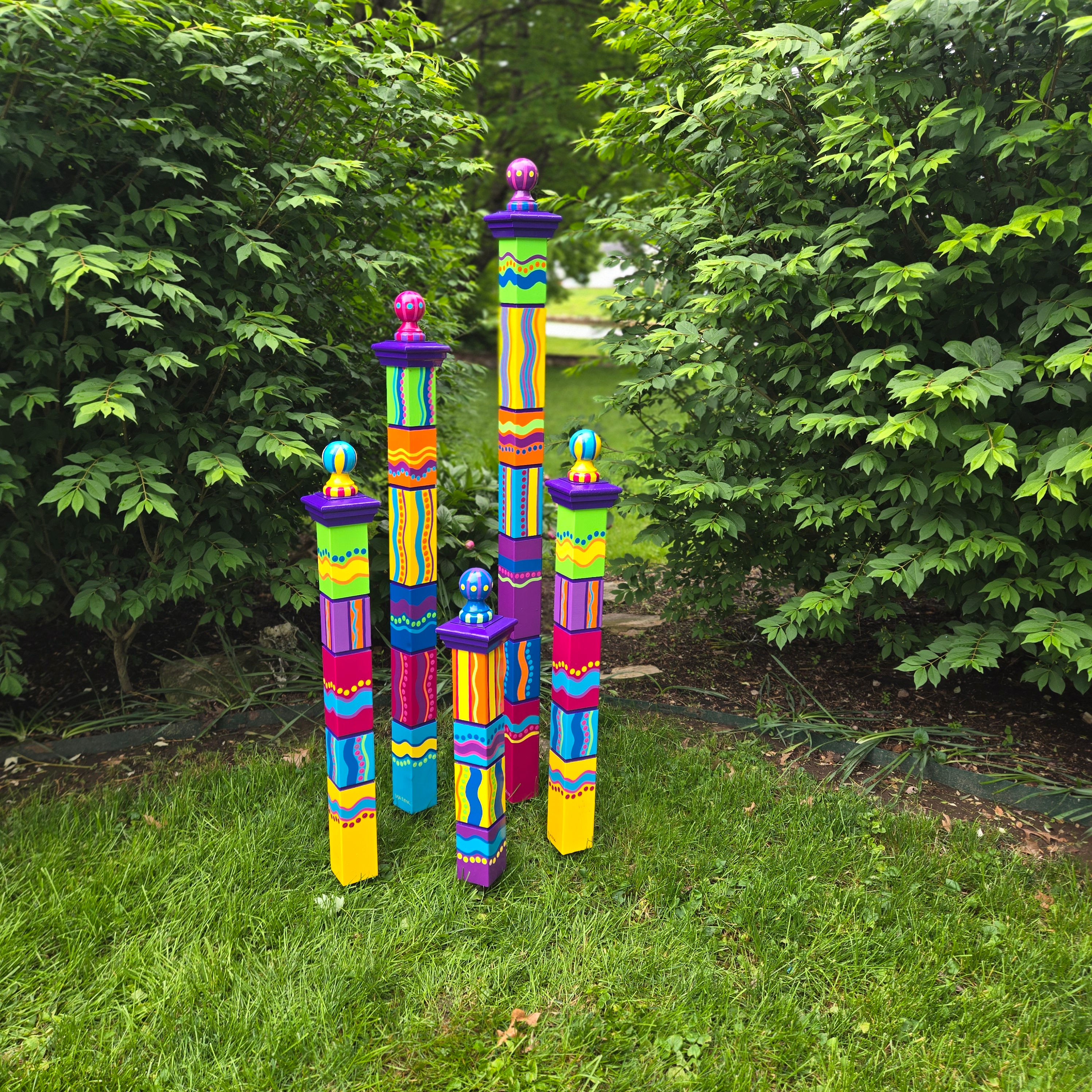 Handcrafted Garden Totems, Set of 5 Bright Colors, Decorative Yard Art