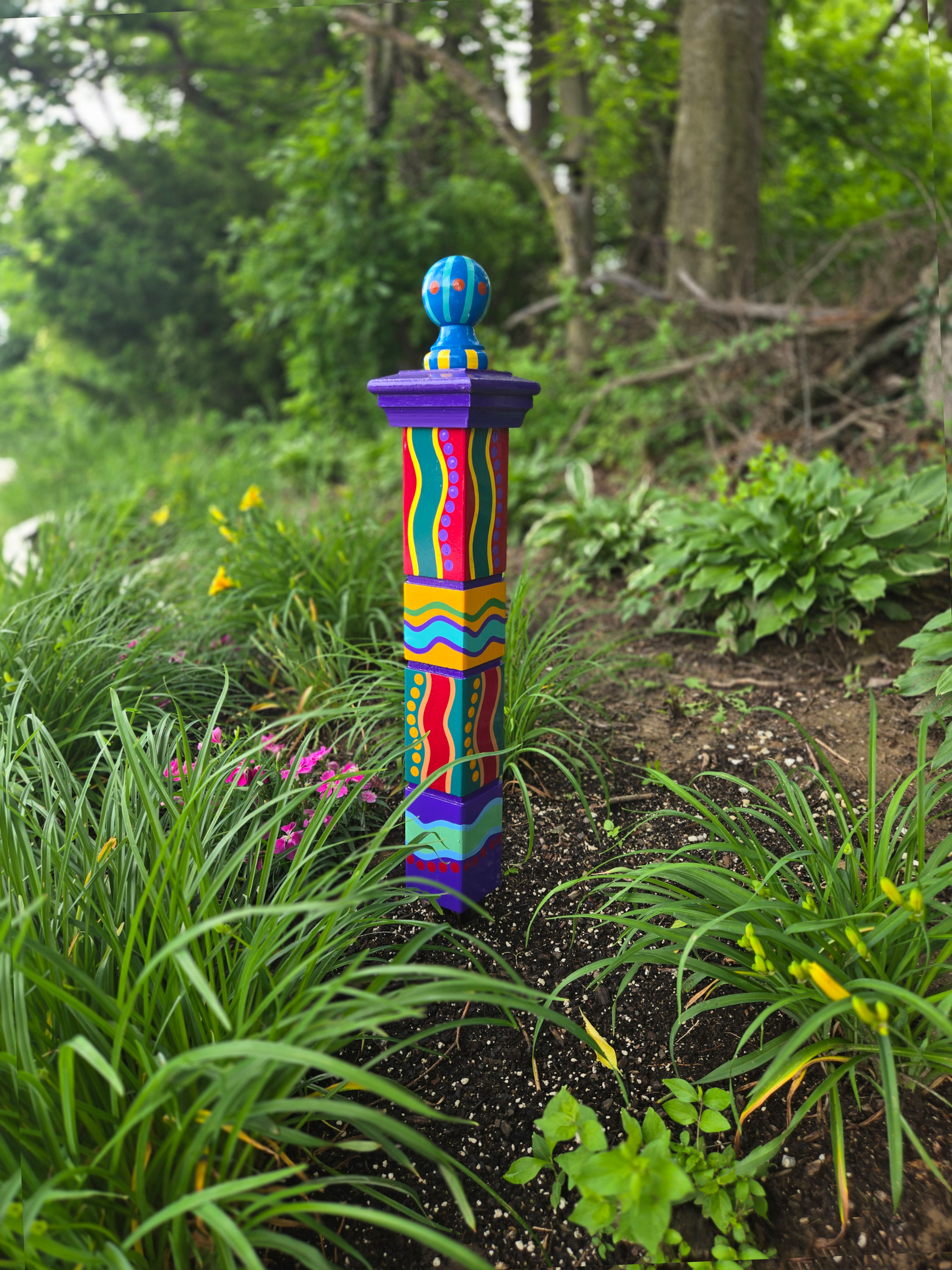 Handcrafted Garden Totem, Small 30" Jewel Color Scheme, Wood Yard Deco