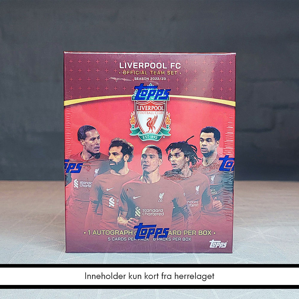 En boks med Topps Liverpool Team Set 2022/23 (220,- per pakke)