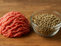 PFN Ai Archive depicting animal meat and green lentils.