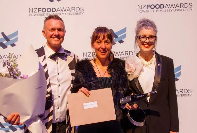 (Pic : The Nz Food Awards via FMCGBusiness - Showing Feliz Founders - Patrick Malloch (left) Aline Fonseca (Middle) and Professor Giselle Byrnes -Provost, Massey University (right)