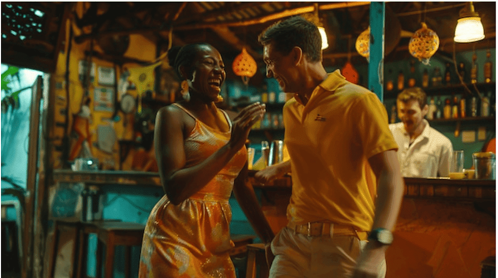Woman in a gold dress and man in a yellow shirt laughing in a cozy bar with warm lighting. Bartender in background. Joyful atmosphere.