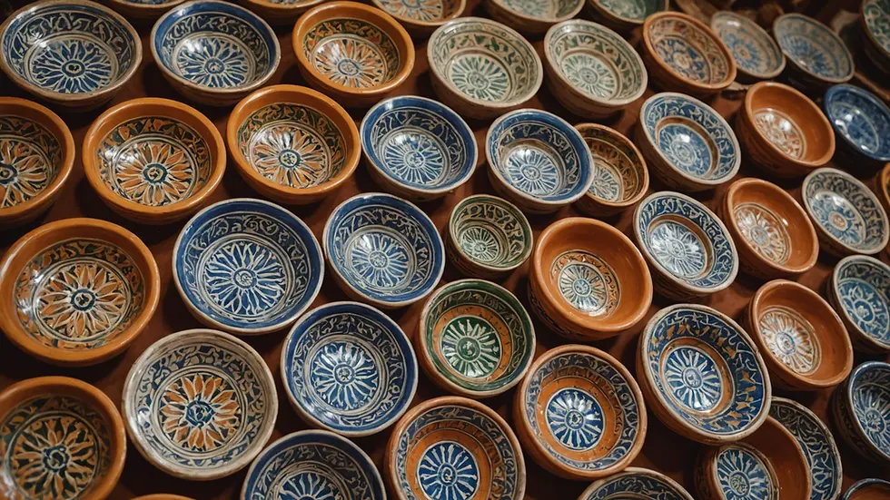 Close-up view of intricate Moroccan pottery displayed in a souk
