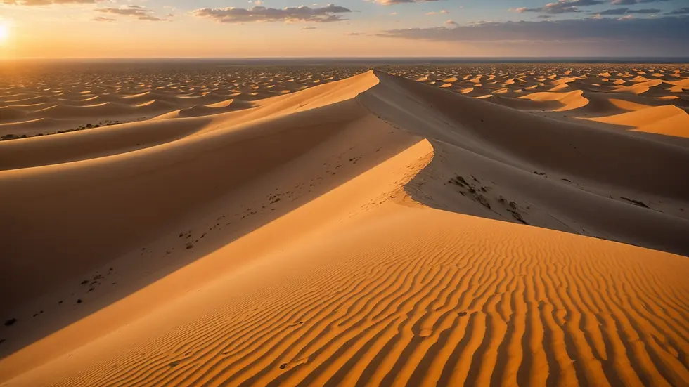 Eye-level view of towering sand dunes at sunset
