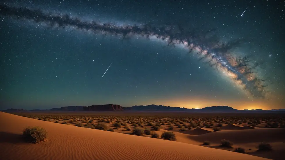 Wide angle view of a starry night sky over the desert