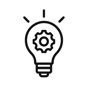 A lightbulb symbol with a gear inside to signify an idea for representing implementation and support.