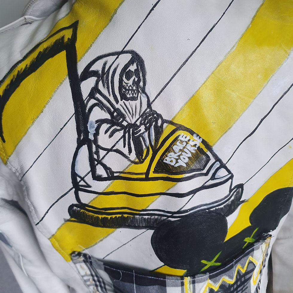 Thumbnail: Banksy Punk White Yellow Studded Leather Jacket
