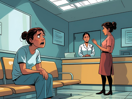 Imagem de uma mãe em uma recepção hospitalar, recebendo a notícia de que o plano negou atendimento médico.