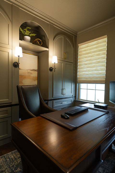 Dark And Moody Home Office With Hunter Douglas Top Down Bottom Up Vignette Roman Shade In Greater Houston Area