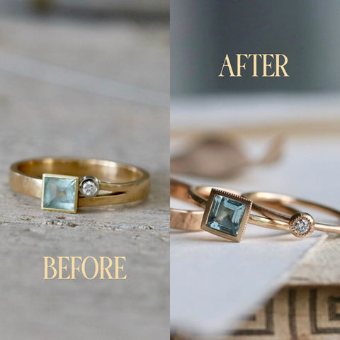 Vorher-Nachher-Foto eines umgearbeiteten Goldrings mit Aquamarin und Brillant – zu zwei neuen Ringen von Goldschmiedin Michaela Römer gestaltet.
fine jewelry