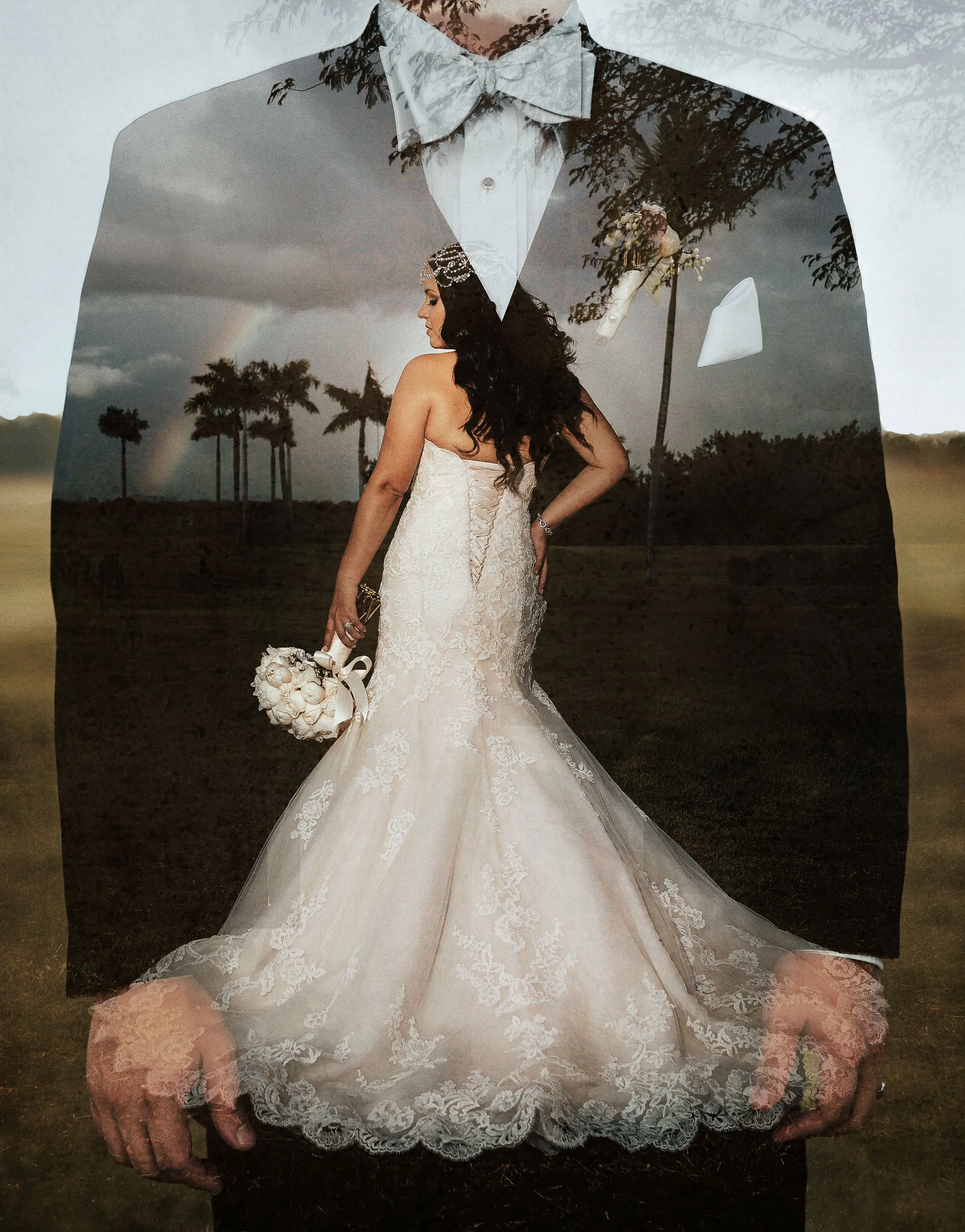 bride and groom posing double exposure effect