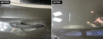 Water spot removal on black car paint to restore the finish at Bubblezz Auto Spa in Babylon, NY