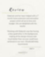 Text review on a light background, praising Deborah Fitz Interiors for a successful 7-month renovation. Expresses delight and a strong recommendation.