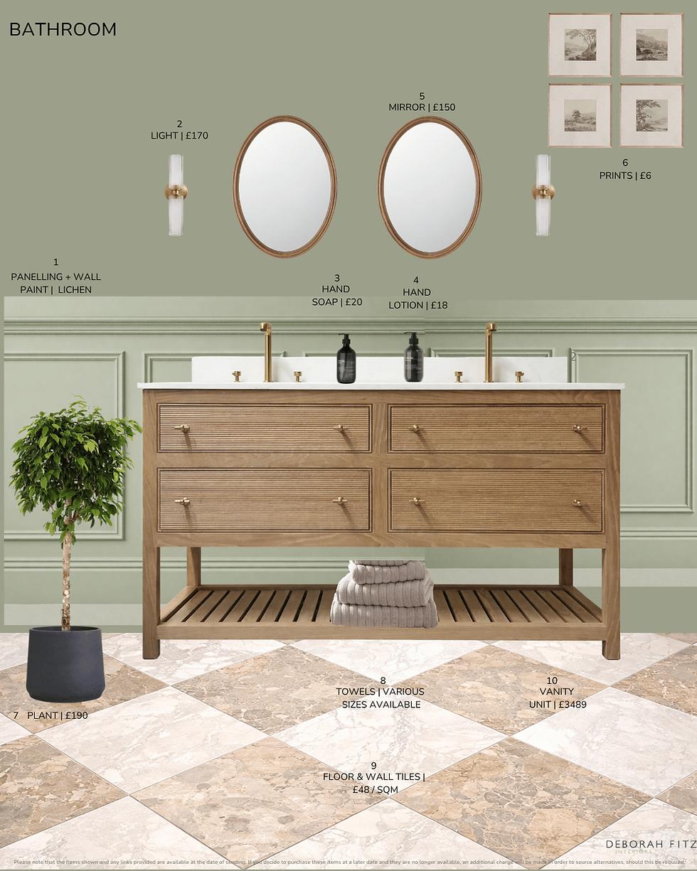 Bathroom interior design board by Deborah Fitz Interiors showing a sage green bathroom with wall panelling, marble-effect tiles, double vanity unit, brass lighting and styling accessories.