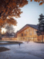 Darstellung eines transparenten öffentlichen Gebäudes mit Holzfassade in urbanem Kontext