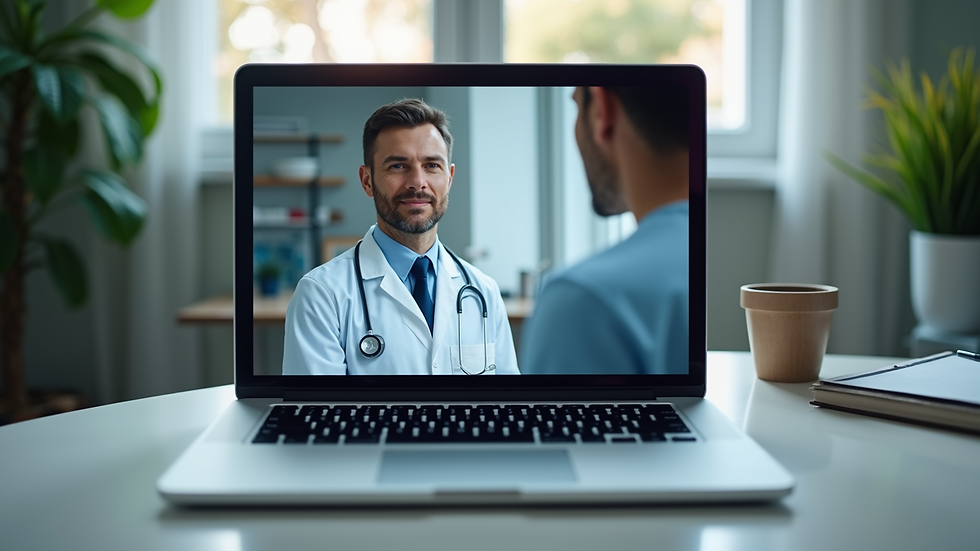 Eye-level view of a laptop displaying a virtual health consultation