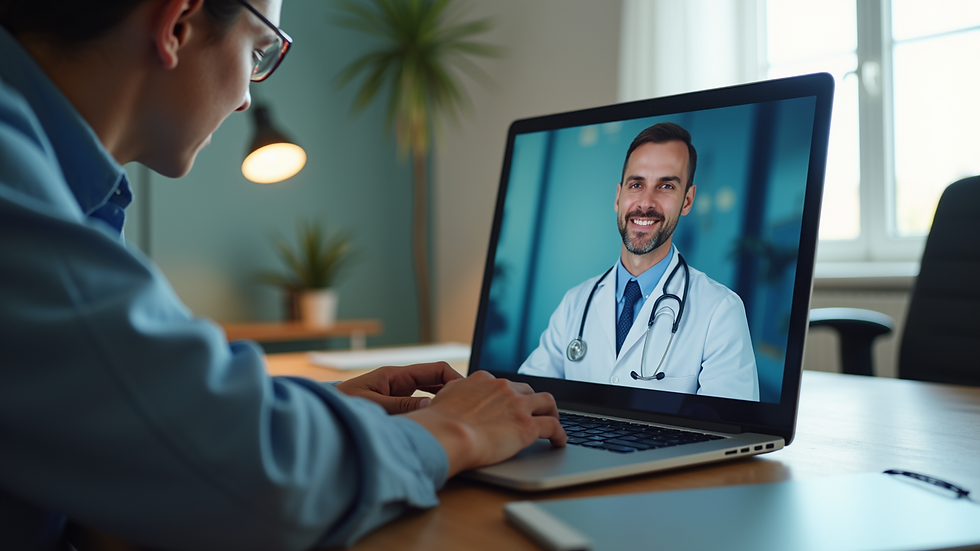 Eye-level view of a modern home office setup with a laptop and medical consultation on screen