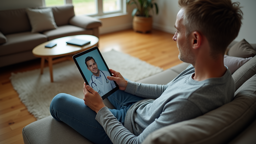 High angle view of a cozy living room with a person using a tablet for a virtual health consultation