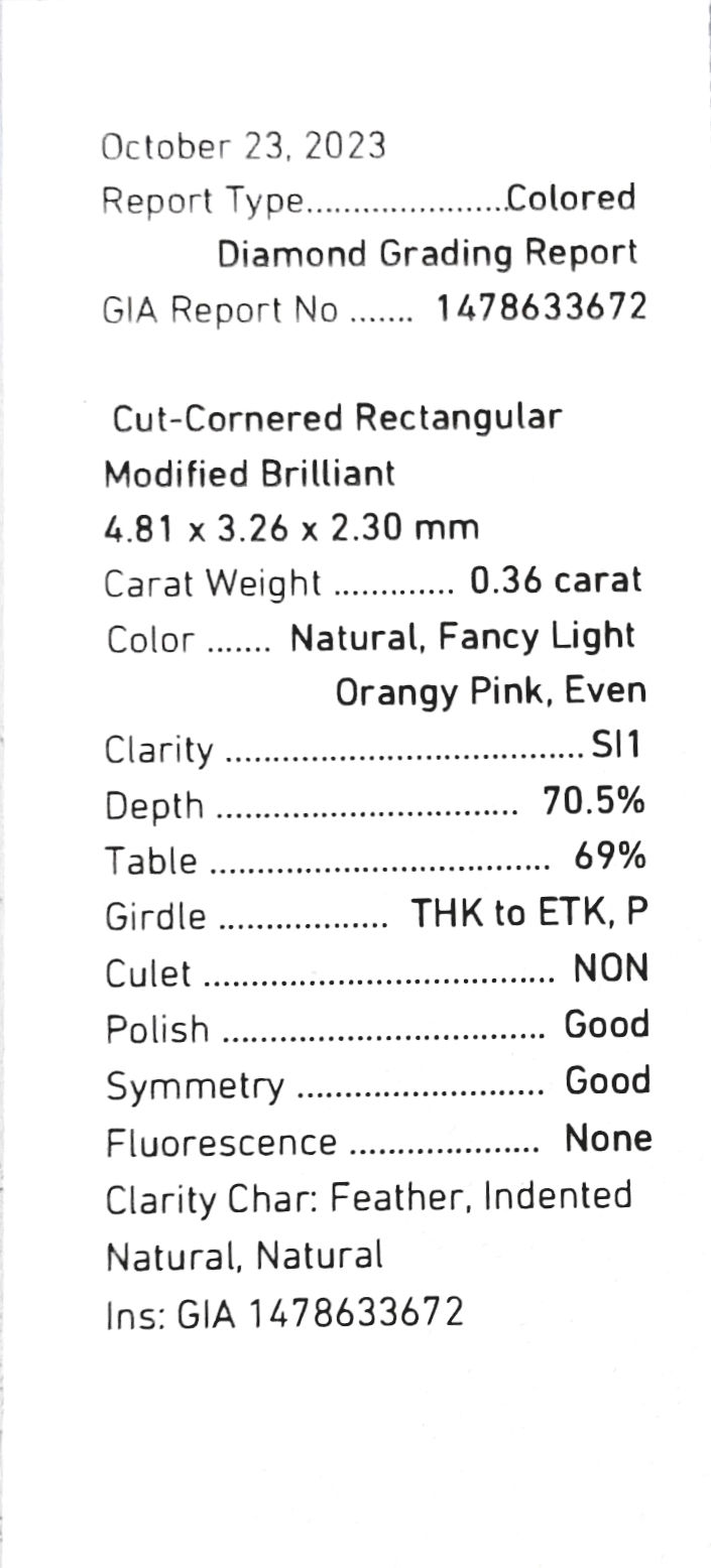 Thumbnail: 0.36 ct, Radiant Shape, Fancy Light Orangy Pink, SI1 Clarity-GIA Cert-JD2306