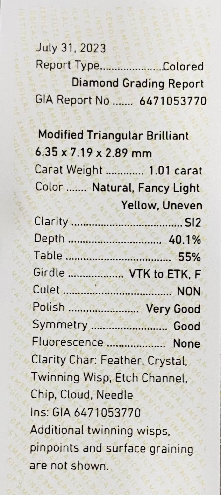 Thumbnail: 1.01 ct, Triangular Shape, Fancy Light Yellow, SI2 Clarity-GIA Certified-JD2225