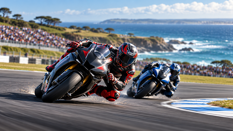 Two motorcyclists lean sharply into a curve on a coastal racetrack, with an ocean backdrop and a lively crowd in the stands. Welcome to MotoGP.